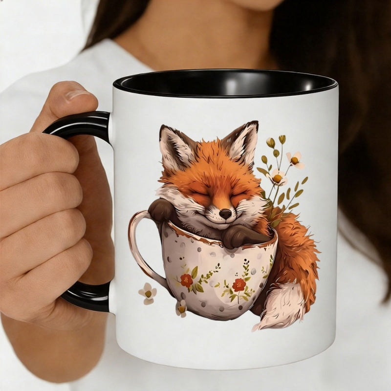 Tailorly Black Accent 11 oz Mug - floral teacup with adorable fox with closed eyes， brown white fur， flower patterns
