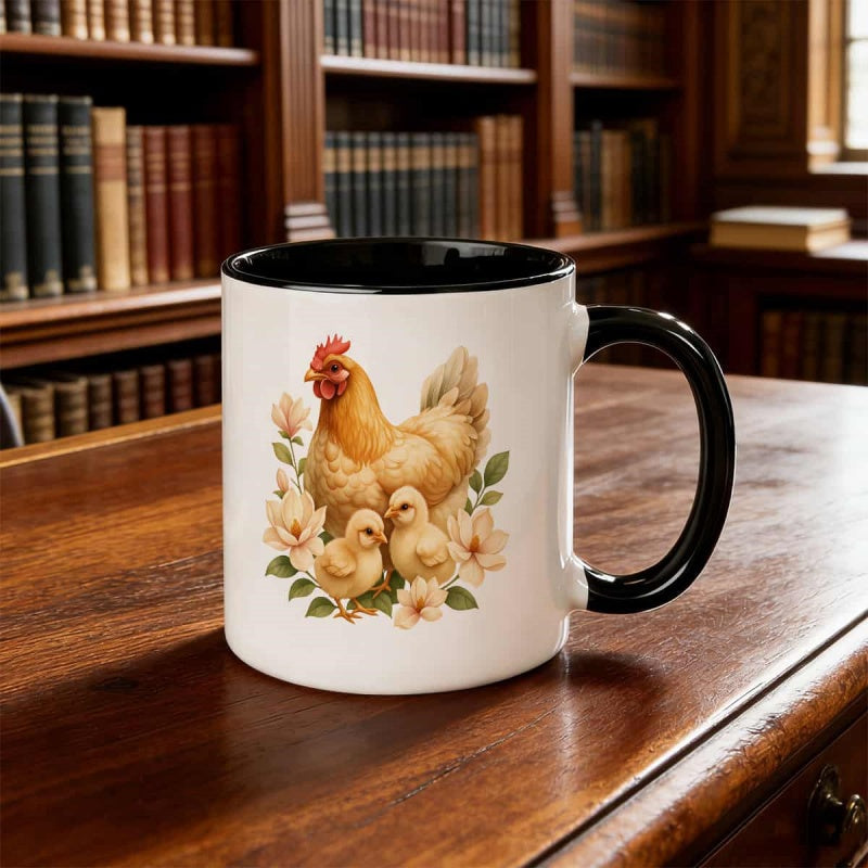 Tailorly Black Accent 11 oz Mug - cute hen and chicks with flowers watercolor design