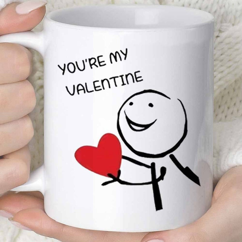 Tailorly White Ceramic 11 oz Mug - You're My Valentine Minimalist Drawing Of A Smiling Stick Figure Holding A Red Heart