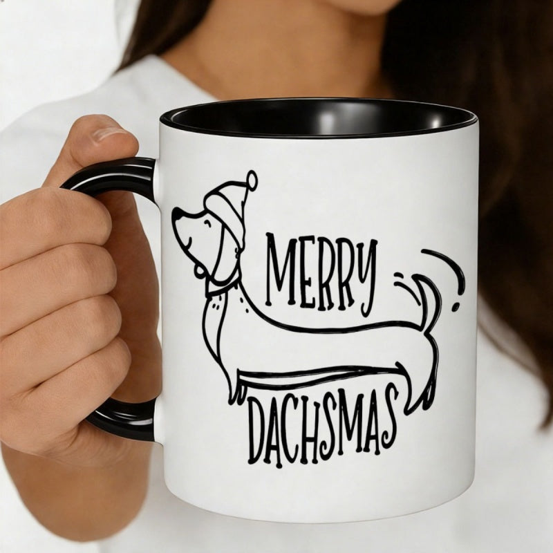 Tailorly Black Accent 11 oz Mug - merry dachsmas doodle dachshund santa hat sketch art