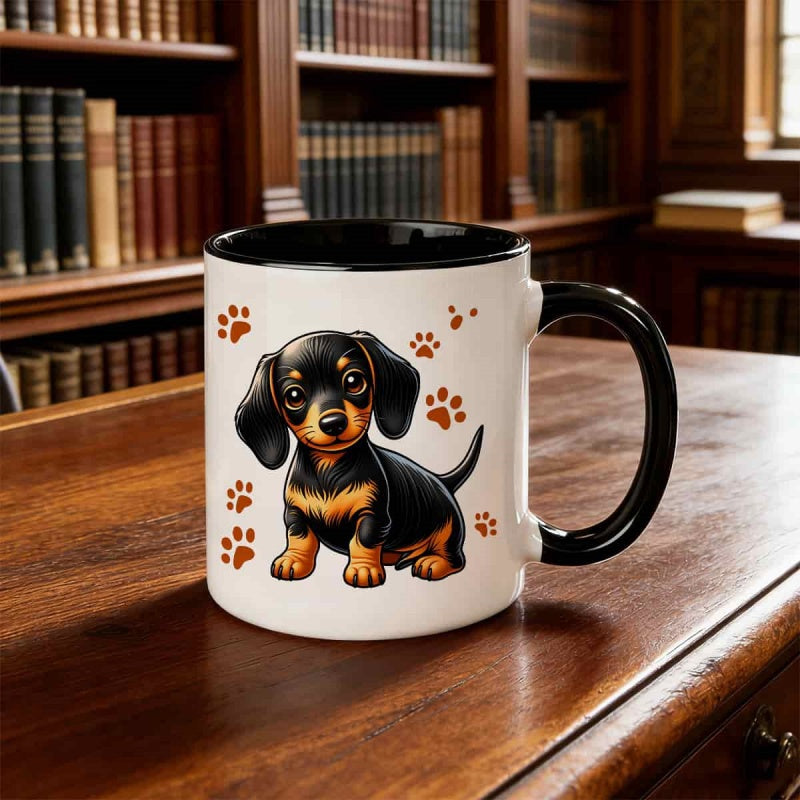 Tailorly Black Accent 11 oz Mug - adorable dachshund puppy with paw print
