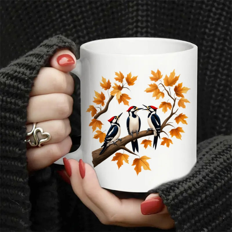 Tailorly White Ceramic 11 oz Mug - Three Beautiful Birds Perched On Branch With Orange Autumn Maple Woodpecker