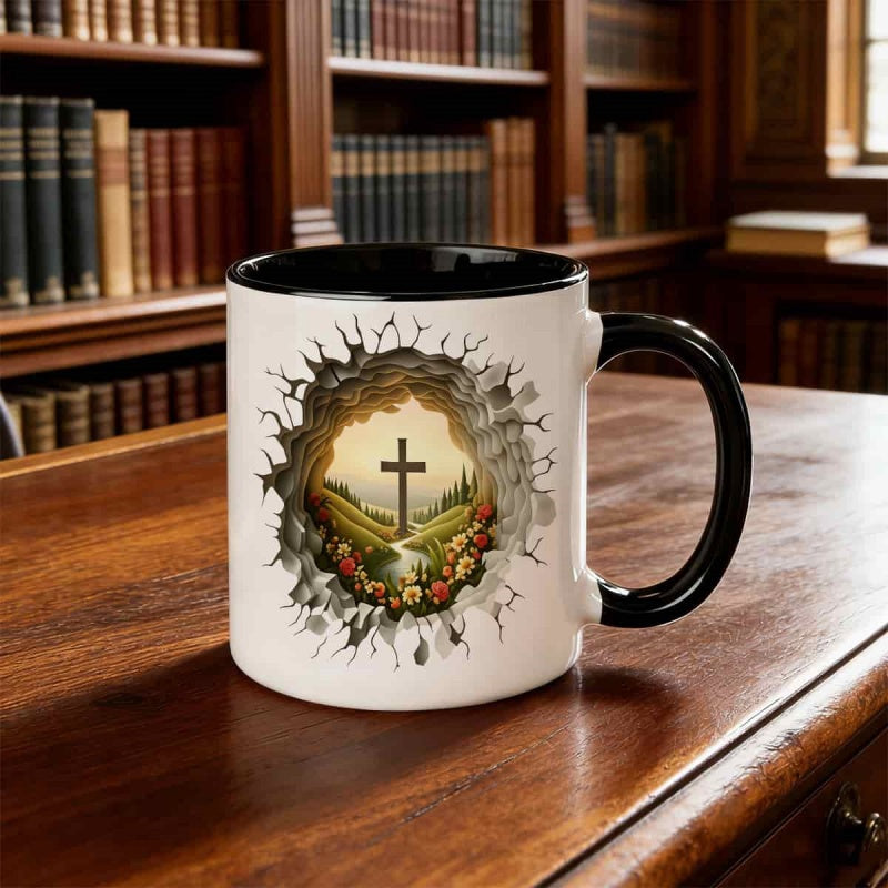 Tailorly Black Accent 11 oz Mug - religious cross and flower