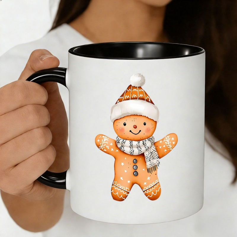 Tailorly Black Accent 11 oz Mug - christmas gingerbread man with winter hat and scarf， snowflake decor