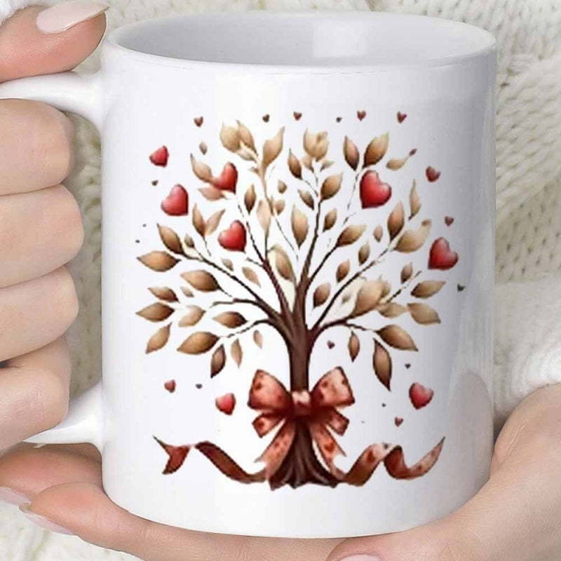 Tailorly White Ceramic 11 oz Mug - Artistic Golden Leaves With Red Hearts And Elegant Ribbon Tree