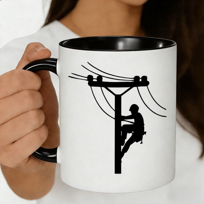 Tailorly Black Accent 11 oz Mug - silhouette of climbing utility pole minimalist black white