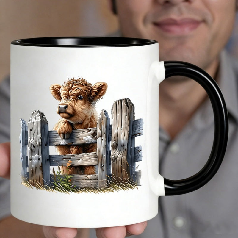 Tailorly Black Accent 11 oz Mug - cute fluffy highland calf on weathered fence