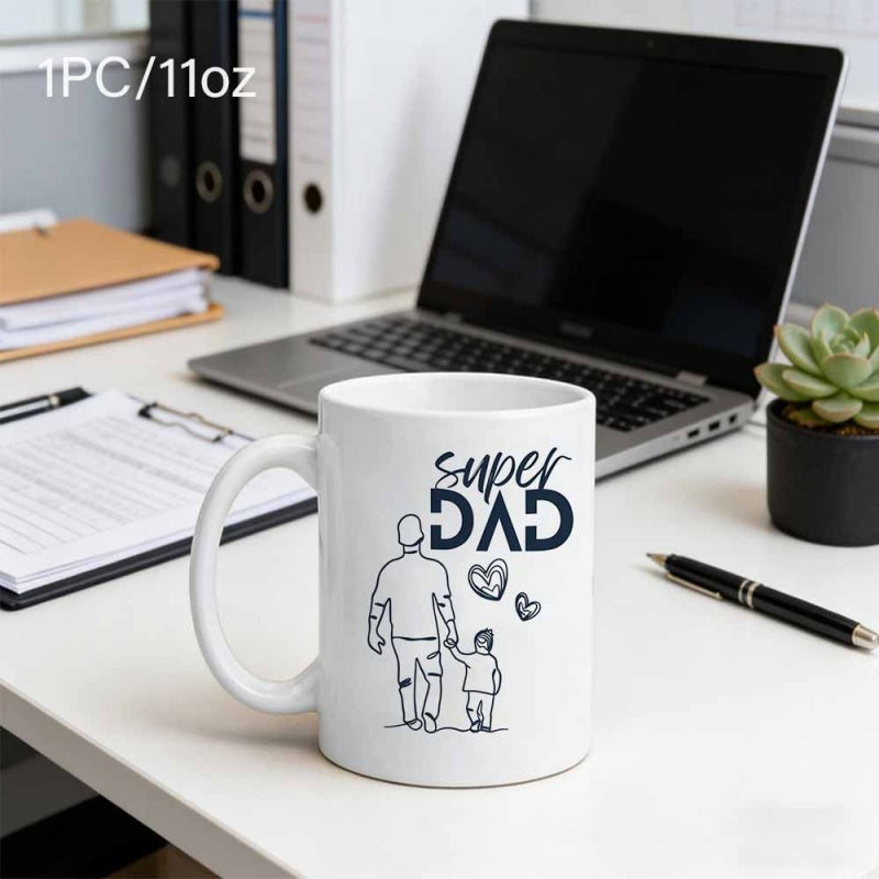 Tailorly White Ceramic 11 oz Mug - Super Dad Minimalist Line Art Drawing Of A Small Child Walking With Their Father