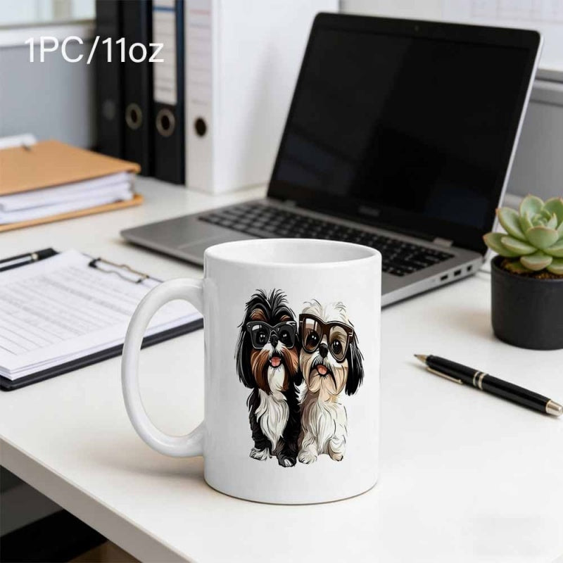 Tailorly White Ceramic 11 oz Mug - Two Adorable Fluffy Shih Tzu Pets Wearing Stylish Round Glasses Dogs