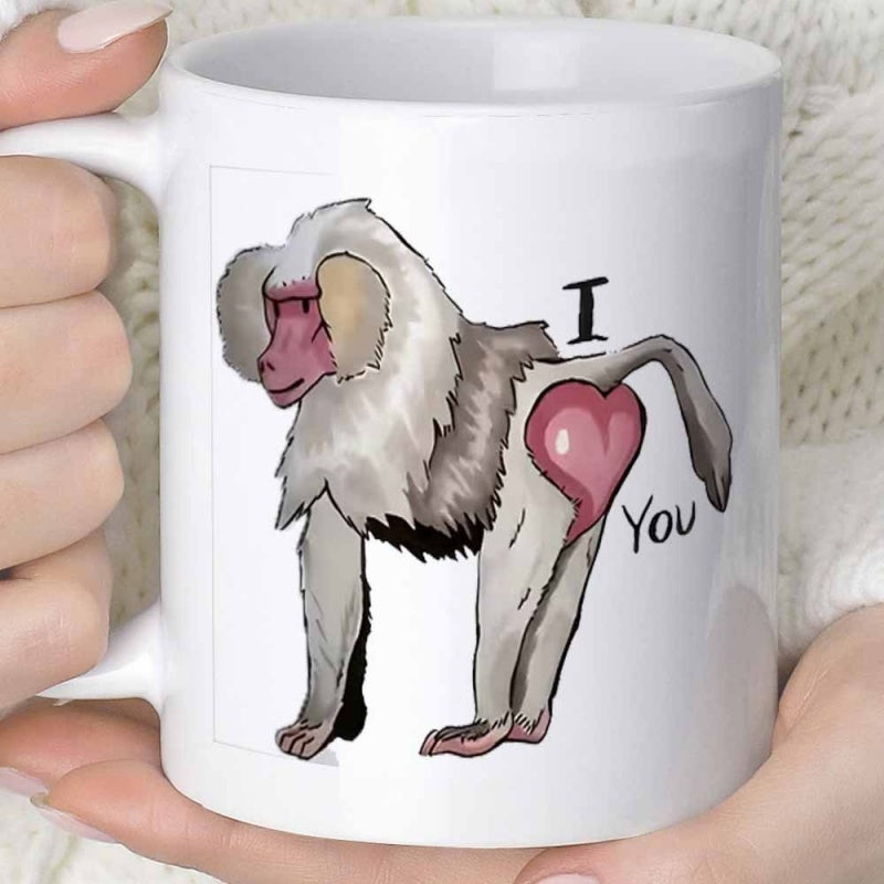 Tailorly White Ceramic 11 oz Mug - I You Standing Cartoon Style Primate With Pink Heart On Rear Baboon
