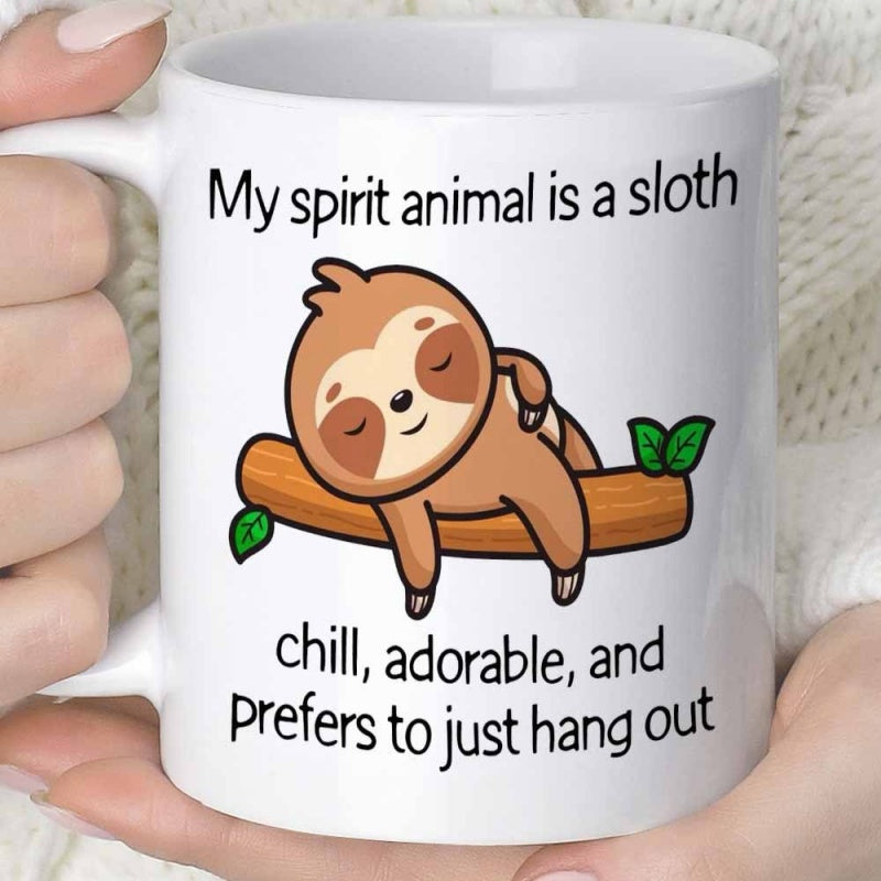 Tailorly White Ceramic 11 oz Mug - My Spirit Animal Is A Sloth Chill Adorable And Prefers To Just Hang Out Cute Cartoon Character Sleeping Peacefully On A Wooden