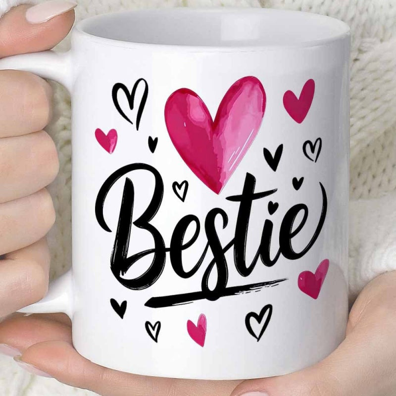 Tailorly White Ceramic 11 oz Mug - Bestie Artistic Hand Drawn Pink And Black Hearts Scattered Around Heart