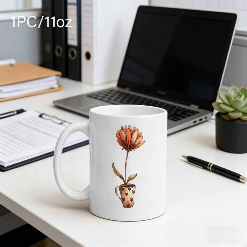 Tailorly White Ceramic 11 oz Mug - Elegant Blooming Orange Petals Rising From A Heart Patterned Cup Flower