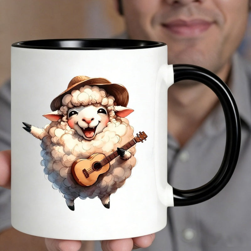 Tailorly Black Accent 11 oz Mug - cute sheep playing guitar with straw hat cartoon style