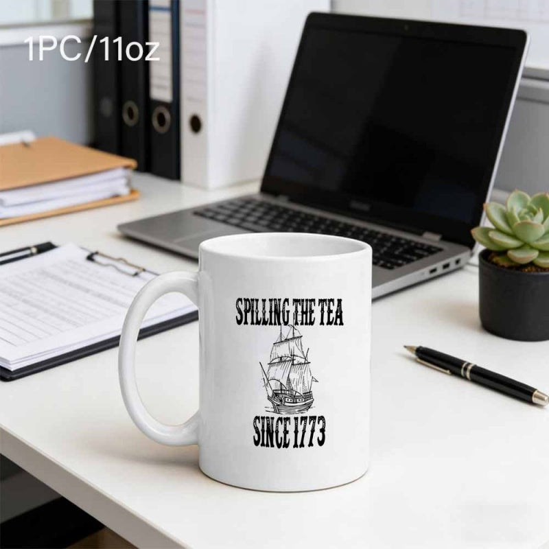 Tailorly White Ceramic 11 oz Mug - Spilling The Tea Since 1773 Vintage Hand Drawn Sailing Vessel Navigating Through Calm Open Waters Ship