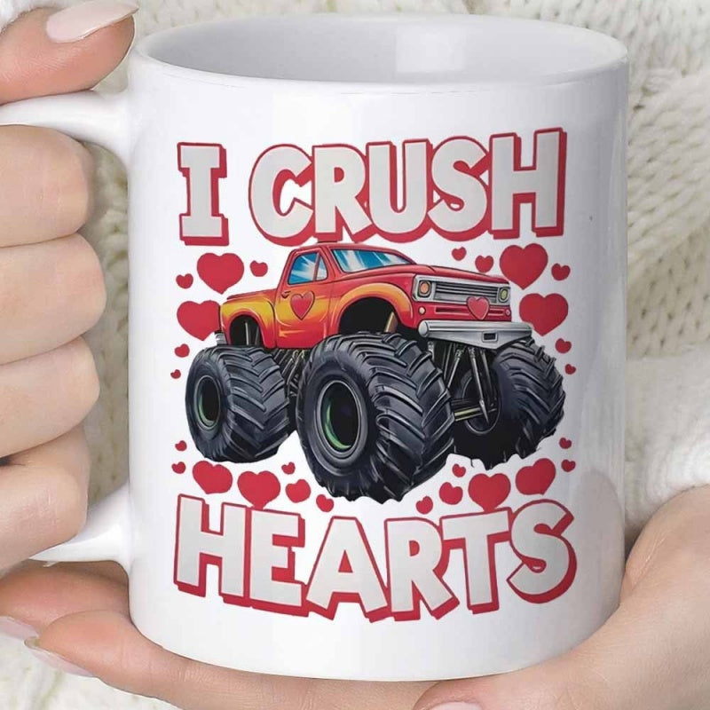 Tailorly White Ceramic 11 oz Mug - I Crush Hearts Powerful Red Vehicle With Large Tires Among Small Floating Hearts Monster Truck