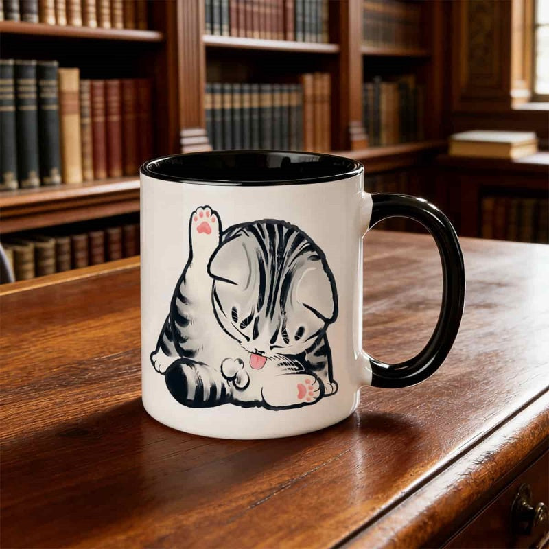 Tailorly Black Accent 11 oz Mug - licking paw， cute kitten， black white