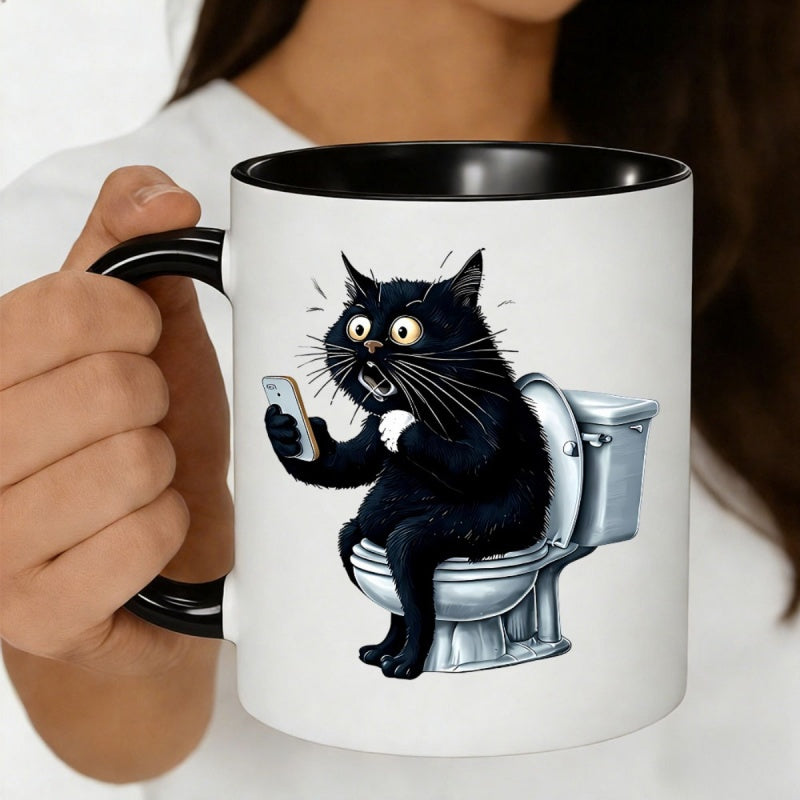Tailorly Black Accent 11 oz Mug - humorous black cat taking a selfie on the toilet