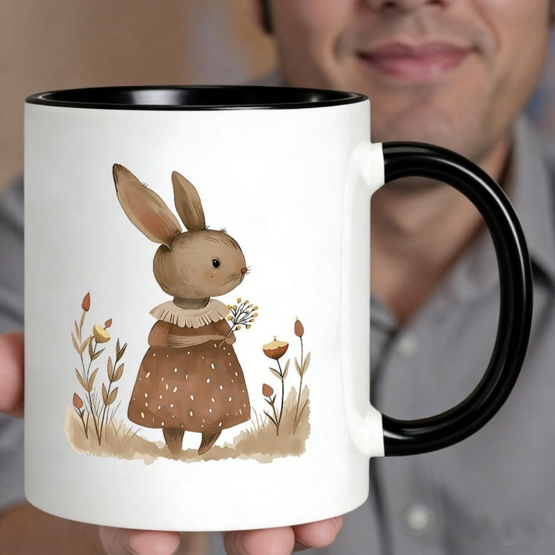 Tailorly Black Accent 11 oz Mug - cartoon rabbit in a dress with floral pattern