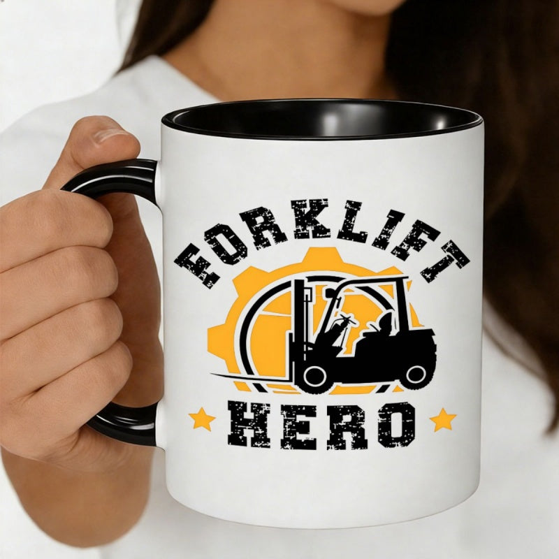 Tailorly Black Accent 11 oz Mug - forklift silhouette with gear stars