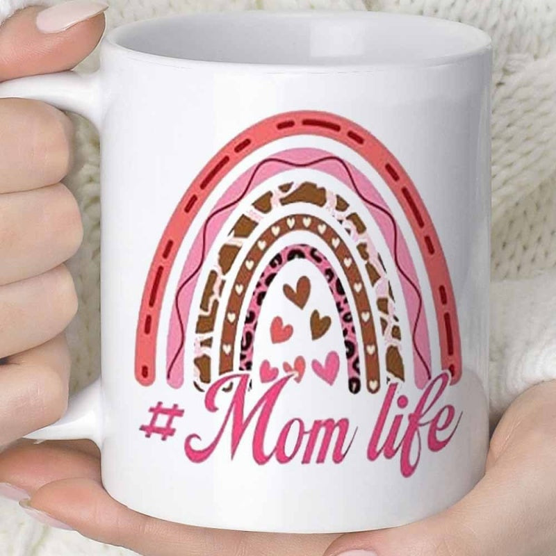 Tailorly White Ceramic 11 oz Mug - Mom Life Stylized Boho Rainbow Featuring Leopard And Cow Print Arches With Hearts Rainbow