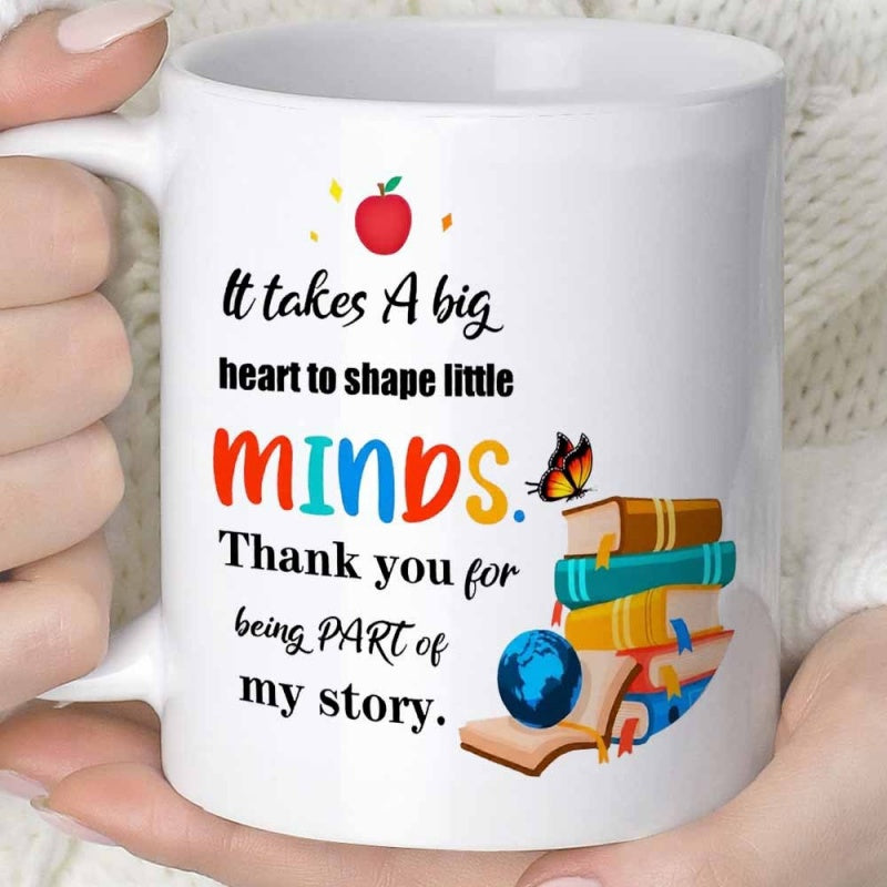 Tailorly White Ceramic 11 oz Mug - It Takes A Big Heart To Shape Little Minds Thank You For Being Part Of My Story Colorful Stacked Textbooks With Red Apple And