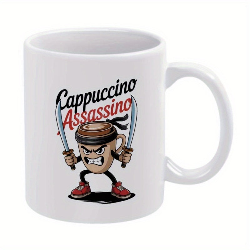 Tailorly White Ceramic 11 oz Mug - Cappuccino Assassino Fierce Cartoon Coffee Character Holding Two Sharp Swords Wearing Red Sneakers Ninja
