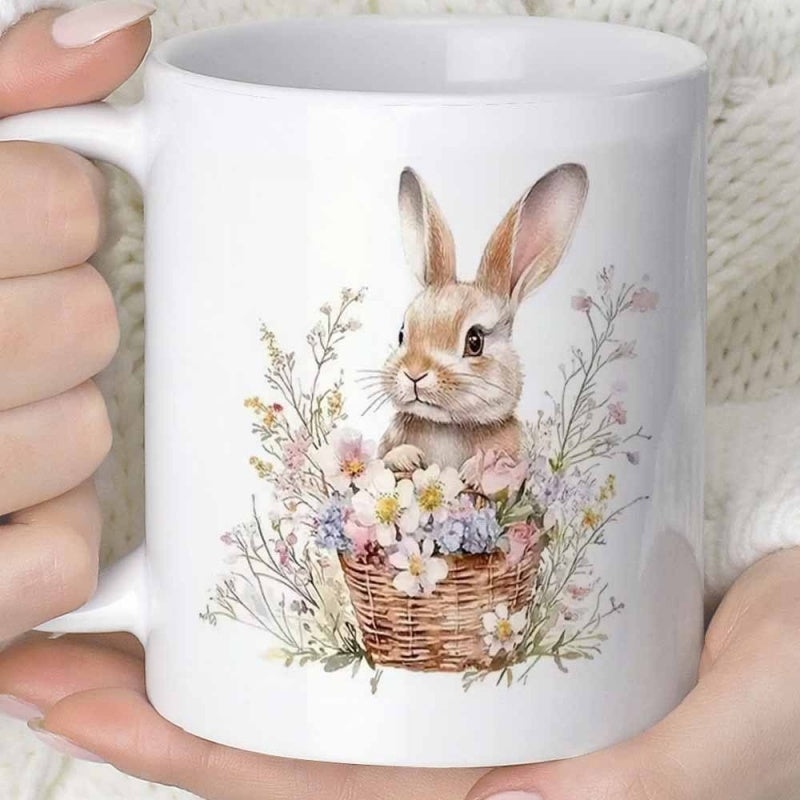 Tailorly White Ceramic 11 oz Mug - Adorable Watercolor Style Bunny Sitting Inside Floral Wicker Basket Garden Rabbit