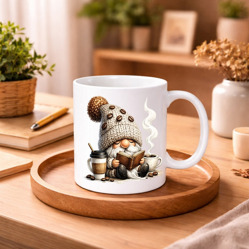 Tailorly White Ceramic 11 oz Mug - Cozy Coffee Themed Figure Wearing Knitted Bean Hat Reading Small Book Gnome