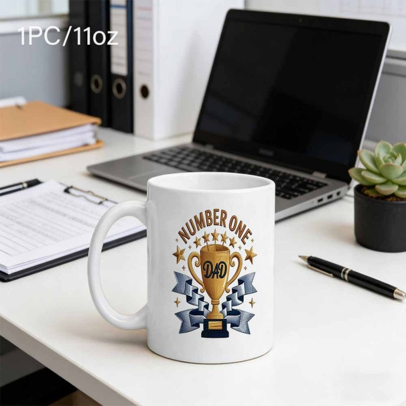 Tailorly White Ceramic 11 oz Mug - Number One Dad Golden Award With Ribbons And Five Shining Stars For Celebration Trophy