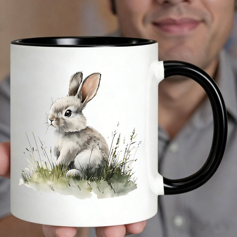 Tailorly Black Accent 11 oz Mug - watercolor style rabbit