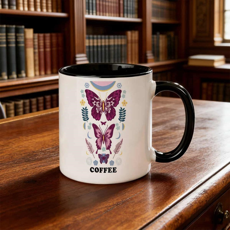Tailorly Black Accent 11 oz Mug - cute floral design with pink and purple flowers