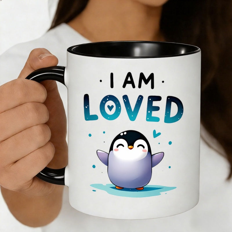 Tailorly Black Accent 11 oz Mug - cute penguin design motivational heartwarming text