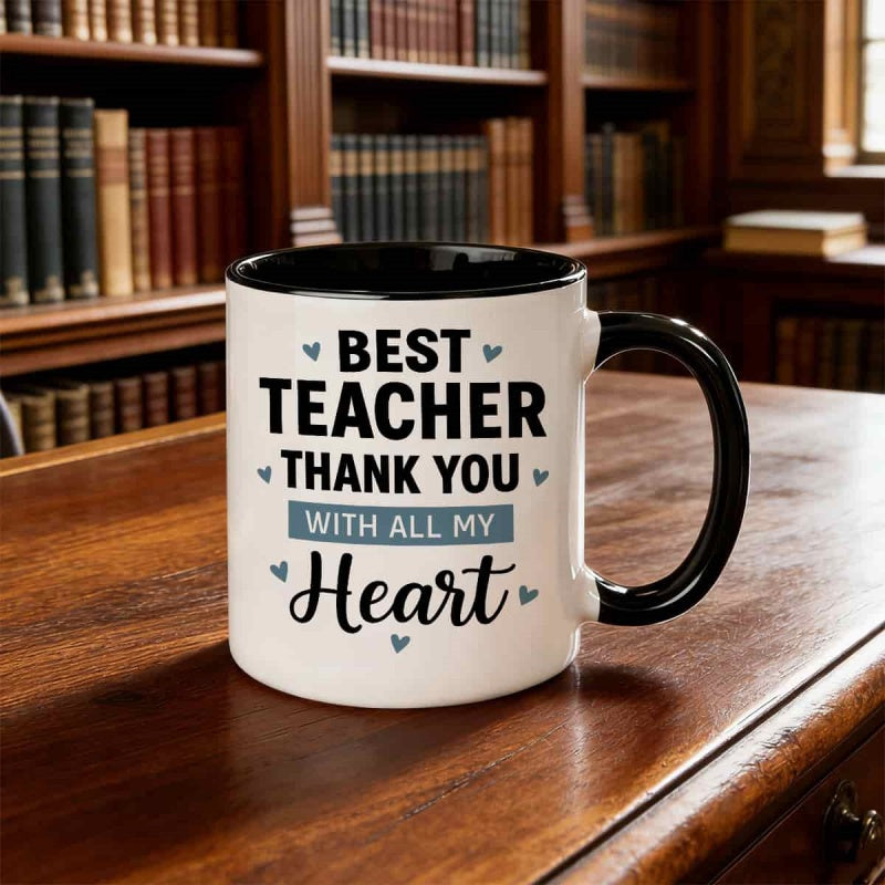 Tailorly Black Accent 11 oz Mug - thank you best teacher with heart