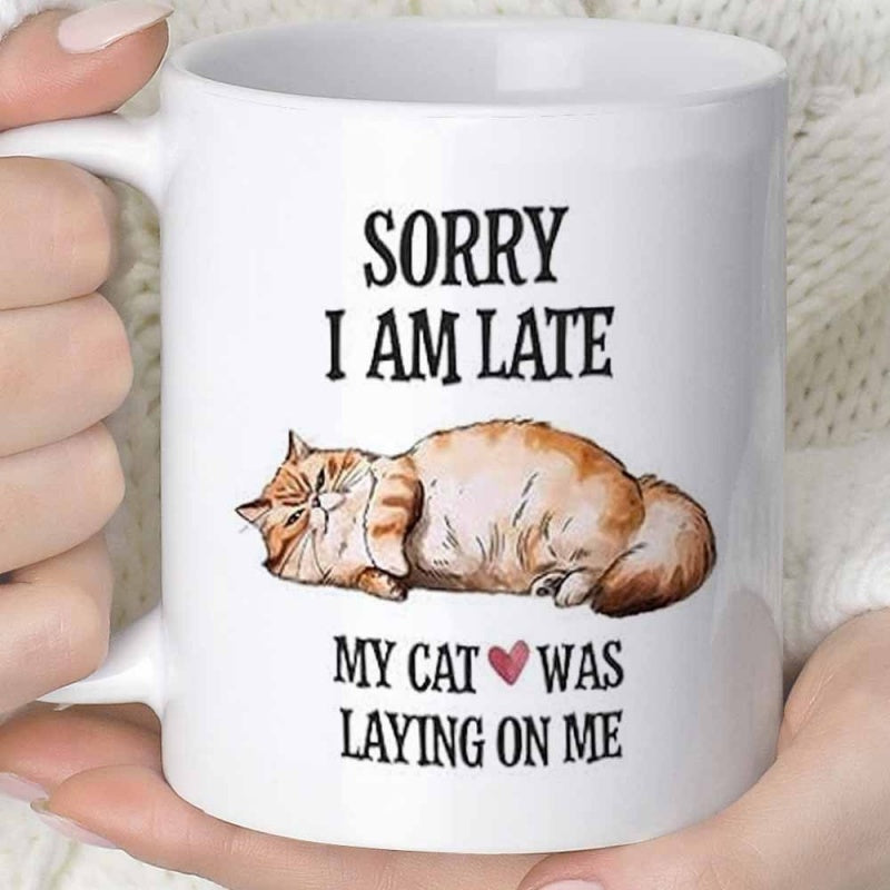 Tailorly White Ceramic 11 oz Mug - Sorry I Am Late My Cat Was Laying On Me Charming Ginger Tabby Feline Resting Peacefully In A Flat Sleeping Position Cat