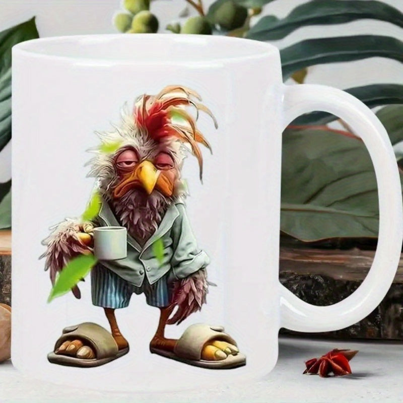 Tailorly White Ceramic 11 oz Mug - Funny Disheveled Morning Rooster Wearing Pajamas And Slippers Holding Coffee Rooster