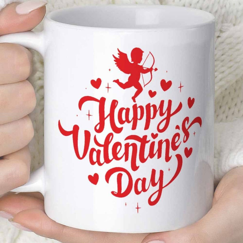 Tailorly White Ceramic 11 oz Mug - Happy Valentines Day Red Silhouette Of Flying Cupid Surrounded By Hearts Cupid