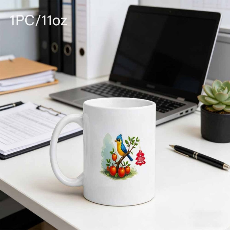Tailorly White Ceramic 11 oz Mug - Graceful Blue Bird Perched On Branch Surrounded By Ripening Red Fruits Bird