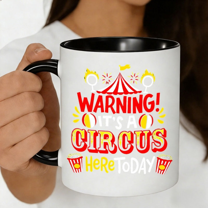 Tailorly Black Accent 11 oz Mug - circus themed design warning its a circus yellow text circus tent fire hoop popcorn