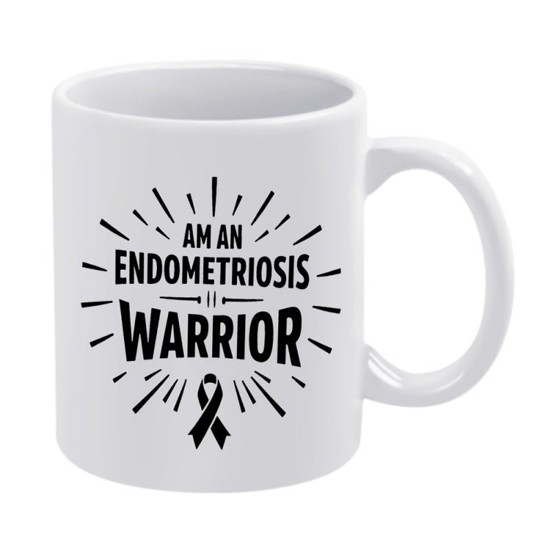 Tailorly White Ceramic 11 oz Mug - Am An Endometriosis Warrior Radiating Sunburst Lines Surrounding A Supportive Awareness Symbol Ribbon