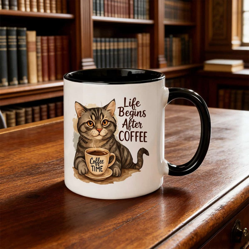 Tailorly Black Accent 11 oz Mug - an adorable cat with the saying "life begins with coffee"