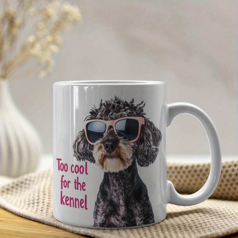 Tailorly White Ceramic 11 oz Mug - Too Cool For The Kennel Adorable Curly Haired Dog Wearing Stylish Pink Sunglasses Sitting In Calm Composure Dog