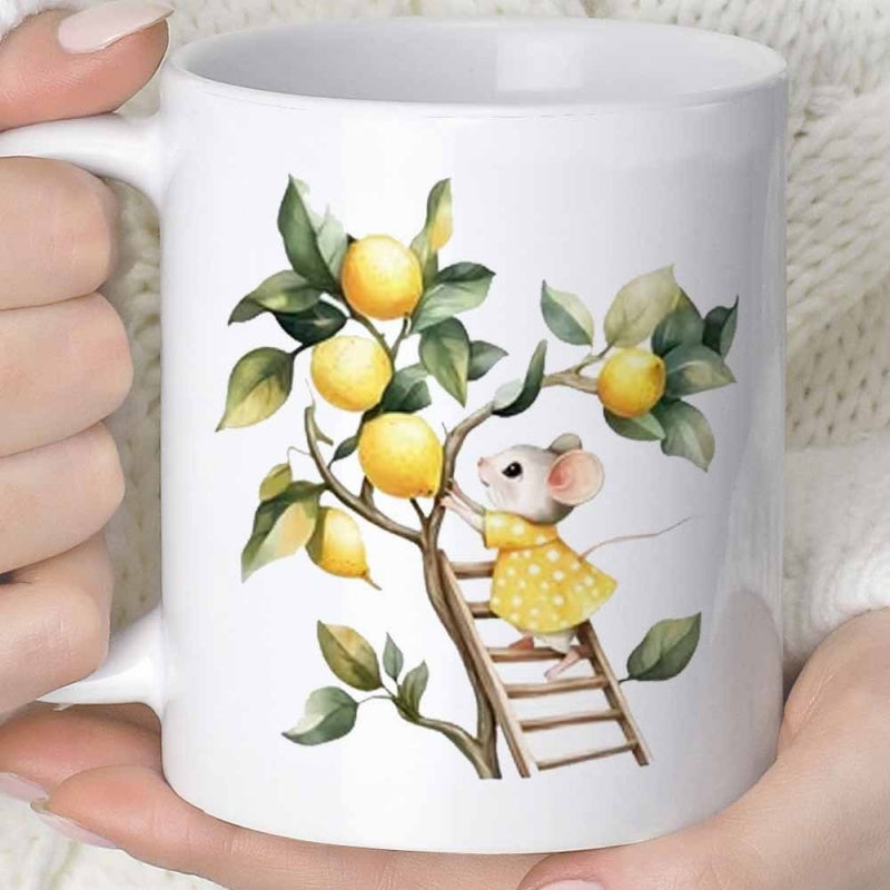 Tailorly White Ceramic 11 oz Mug - Adorable Watercolor Character Climbing A Wooden Ladder Among Vibrant Yellow Lemons Mouse