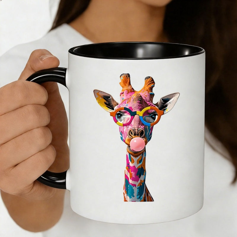 Tailorly Black Accent 11 oz Mug - colorful art giraffe wearing rainbow glasses blowing gum