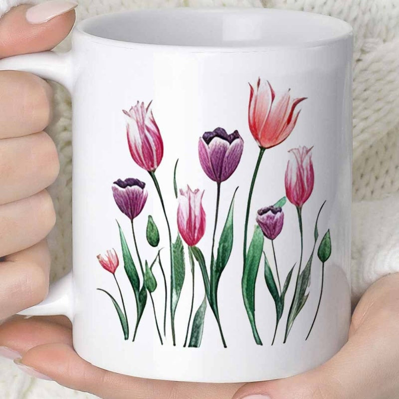 Tailorly White Ceramic 11 oz Mug - Vibrant Watercolor Spring Blossoms With Delicate Green Leaves And Elegant Petals Tulip