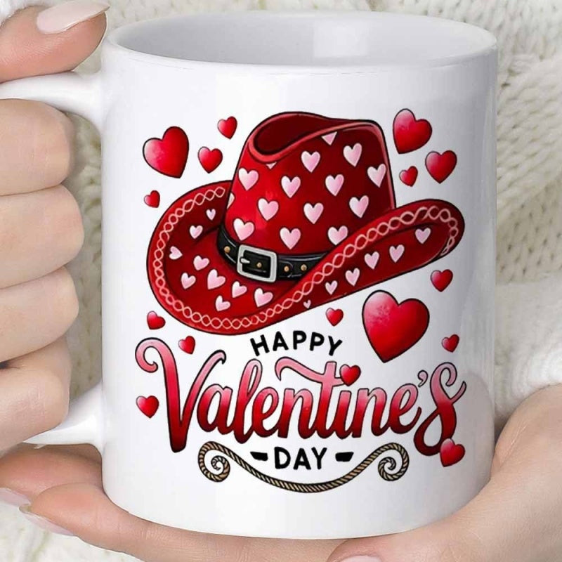 Tailorly White Ceramic 11 oz Mug - Happy Valentine's Day Vibrant Red Patterned Surface Surrounded By Many Floating Small Decorative Hearts Cowboy Hat