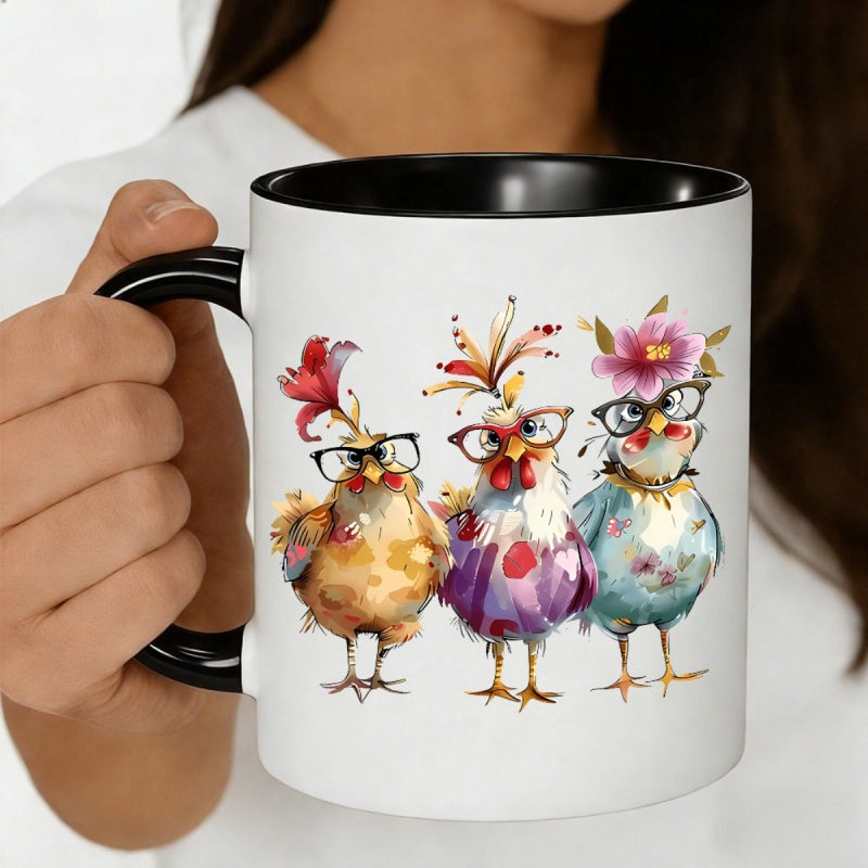 Tailorly Black Accent 11 oz Mug - three fashionable cartoon chickens with glasses and flora