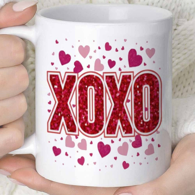 Tailorly White Ceramic 11 oz Mug - Xoxo Sparkling Red Glitter Letters Featuring A Pattern Of Various Pink Hearts
