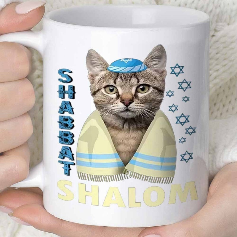 Tailorly White Ceramic 11 oz Mug - Shabbat Shalom Adorable Tabby Wearing Traditional Blue Head Covering And Prayer Shawl Cat
