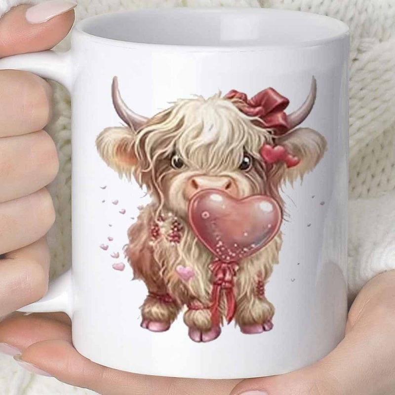 Tailorly White Ceramic 11 oz Mug - Adorable Fluffy Highland With Red Bow Holding A Heart Balloon Cow